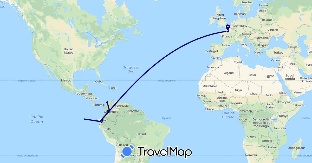 TravelMap itinerary: driving in Colombia, Ecuador, France (Europe, South America)